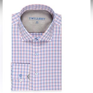 Twillory Mens Driver Blue Pink Plaid Long Sleeve Performance Shirt 17.5 34-35